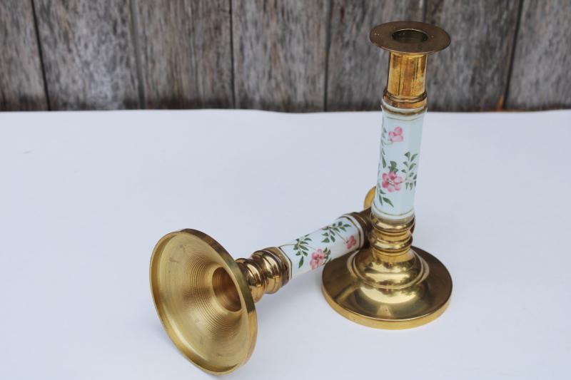 photo of vintage chinoiserie, solid brass / floral porcelain candlesticks, candle holders pair #2