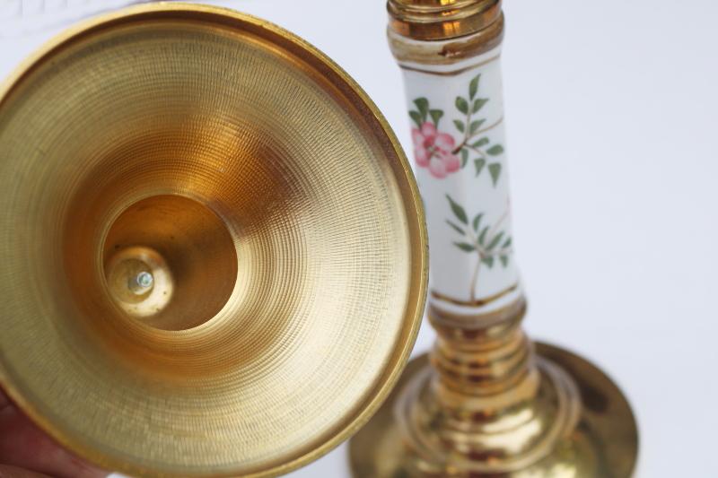 photo of vintage chinoiserie, solid brass / floral porcelain candlesticks, candle holders pair #4