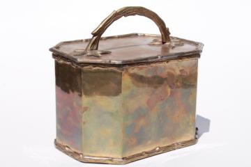 catalog photo of vintage chinoiserie tea caddy chest or jewelry casket, solid brass box