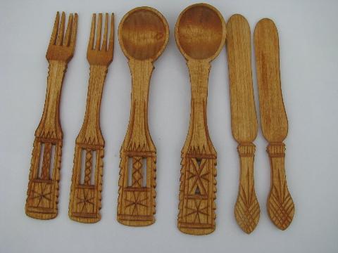 photo of vintage chip carving, Swedish wooden spoons, forks, knives #1