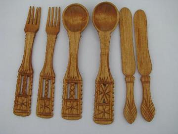 catalog photo of vintage chip carving, Swedish wooden spoons, forks, knives