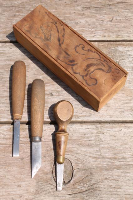 photo of vintage chip carving knives wood working tools, lot of 3 in woodburned box #2