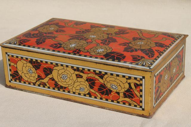 photo of vintage chocolate box tin, red & gold print metal tin keepsake box w/ hinged lid #1