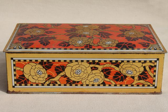 photo of vintage chocolate box tin, red & gold print metal tin keepsake box w/ hinged lid #2