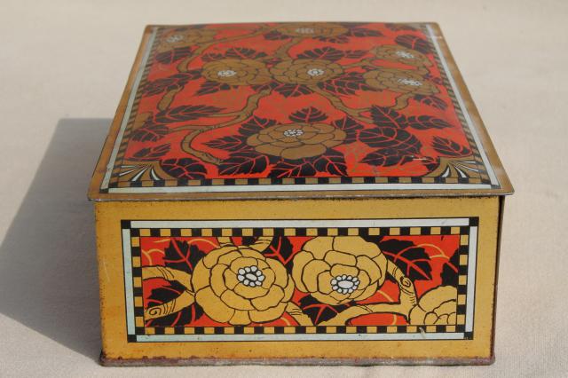 photo of vintage chocolate box tin, red & gold print metal tin keepsake box w/ hinged lid #3