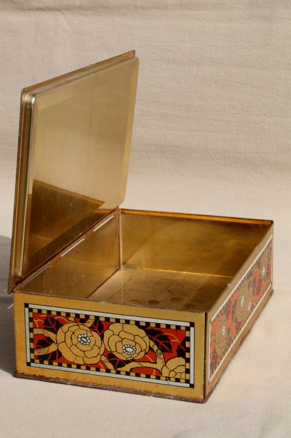 photo of vintage chocolate box tin, red & gold print metal tin keepsake box w/ hinged lid #4