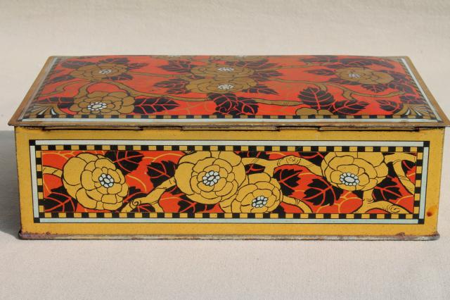 photo of vintage chocolate box tin, red & gold print metal tin keepsake box w/ hinged lid #5