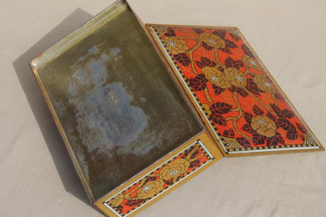 photo of vintage chocolate box tin, red & gold print metal tin keepsake box w/ hinged lid #8