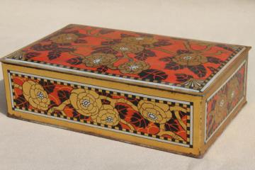 catalog photo of vintage chocolate box tin, red & gold print metal tin keepsake box w/ hinged lid