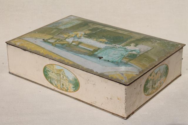 photo of vintage chocolate candy tin needlework box full of old sewing notions & tools #10