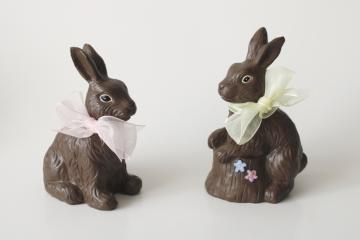 catalog photo of vintage chocolate rabbit figurines, Easter basket decor 1990s vintage resin bunnies 