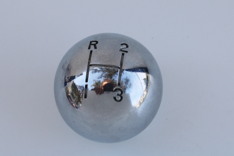 photo of vintage chrome metal knob for manual stick shift, retro automotive rat rod gear collectors car #2