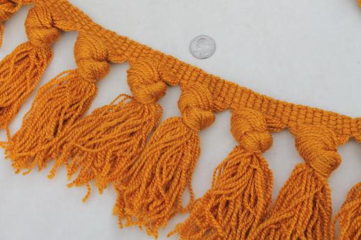 photo of vintage chunky yarn trim w/ knotted tassels fringe, woolly upholstery braid in honey mustard gold #1