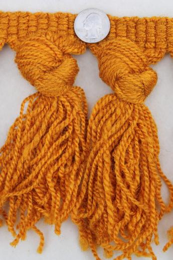 photo of vintage chunky yarn trim w/ knotted tassels fringe, woolly upholstery braid in honey mustard gold #2