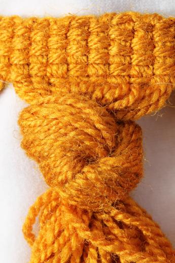 photo of vintage chunky yarn trim w/ knotted tassels fringe, woolly upholstery braid in honey mustard gold #4