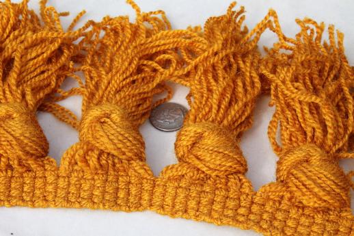 photo of vintage chunky yarn trim w/ knotted tassels fringe, woolly upholstery braid in honey mustard gold #5