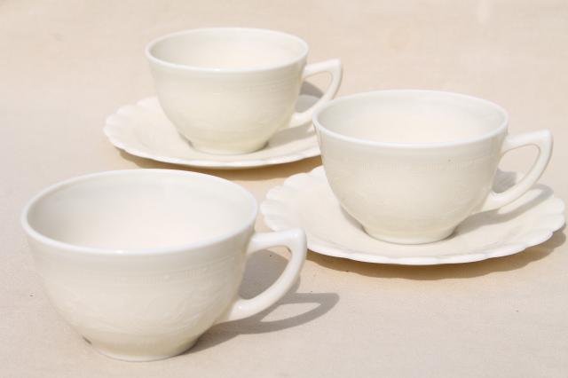 photo of vintage classic ivory Chinex embossed creamware depression glass tea cups & plates #6