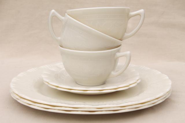 photo of vintage classic ivory Chinex embossed creamware depression glass tea cups & plates #8