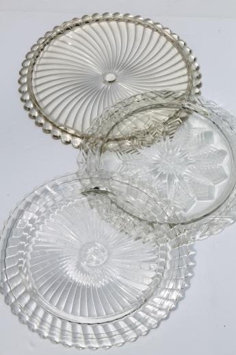 photo of vintage clear glass cake plates, low plateau serving trays, torte plate lot #4