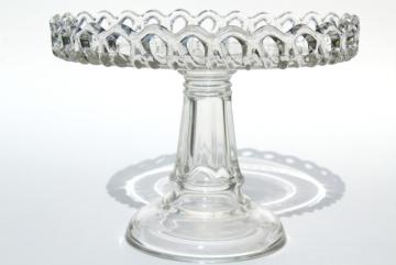 catalog photo of vintage clear glass cake stand, open lace edge crocheted crystal pedestal plate