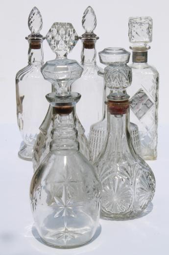 photo of vintage clear glass liquor bottles, poor man's crystal Jim Beam decanters lot #1