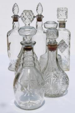 catalog photo of vintage clear glass liquor bottles, poor man's crystal Jim Beam decanters lot