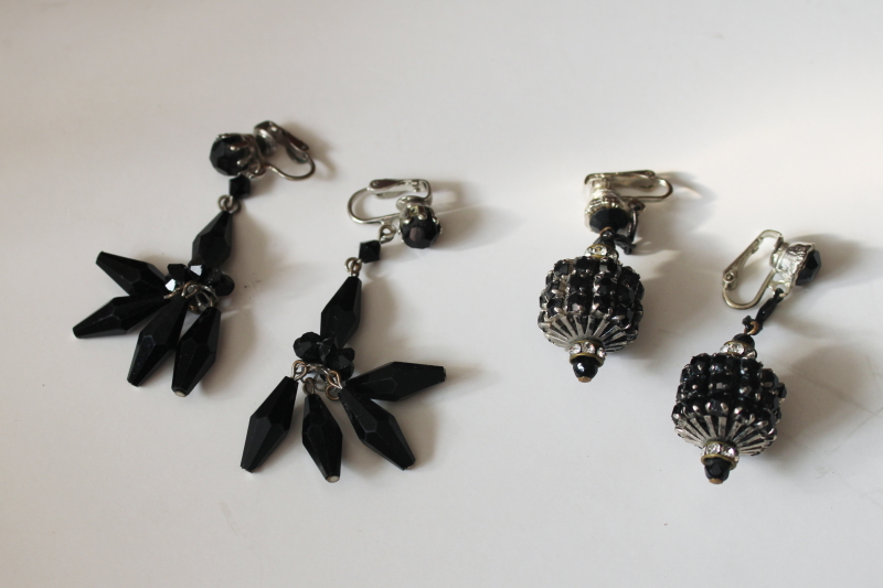 photo of vintage clip back clip on earrings lot, silver tone jet black bead rhinestone witchy dangle earrings  #1
