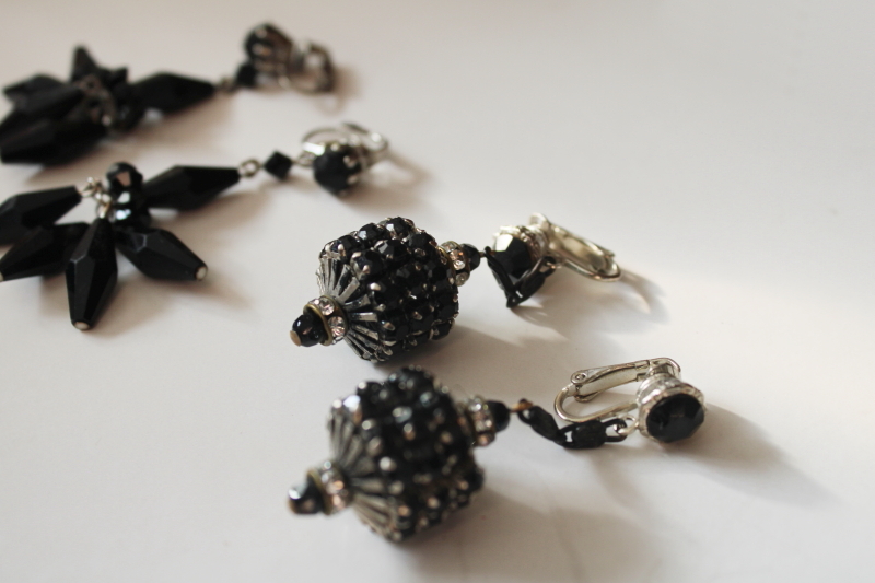 photo of vintage clip back clip on earrings lot, silver tone jet black bead rhinestone witchy dangle earrings  #2