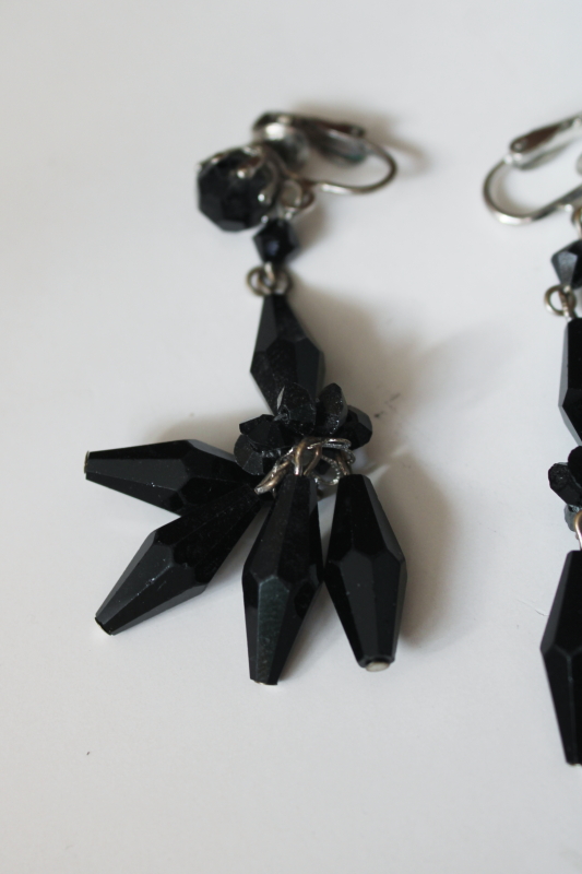 photo of vintage clip back clip on earrings lot, silver tone jet black bead rhinestone witchy dangle earrings  #3