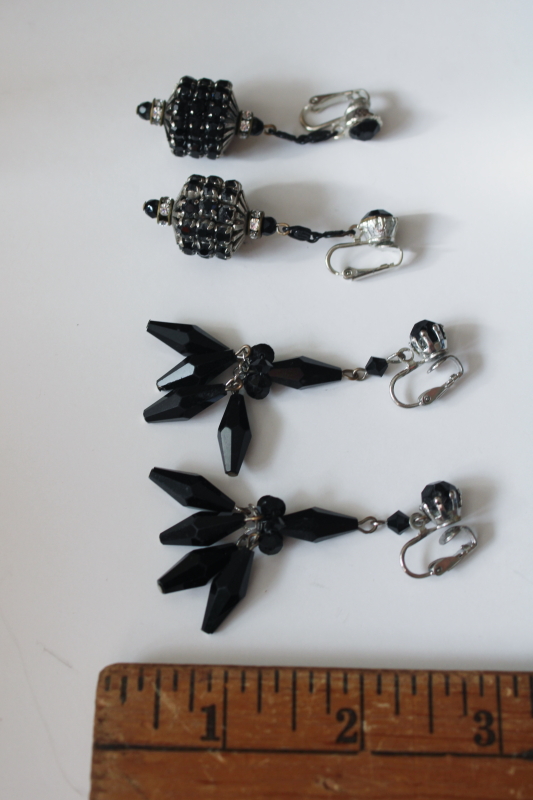 photo of vintage clip back clip on earrings lot, silver tone jet black bead rhinestone witchy dangle earrings  #4