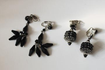 catalog photo of vintage clip back clip on earrings lot, silver tone jet black bead rhinestone witchy dangle earrings 