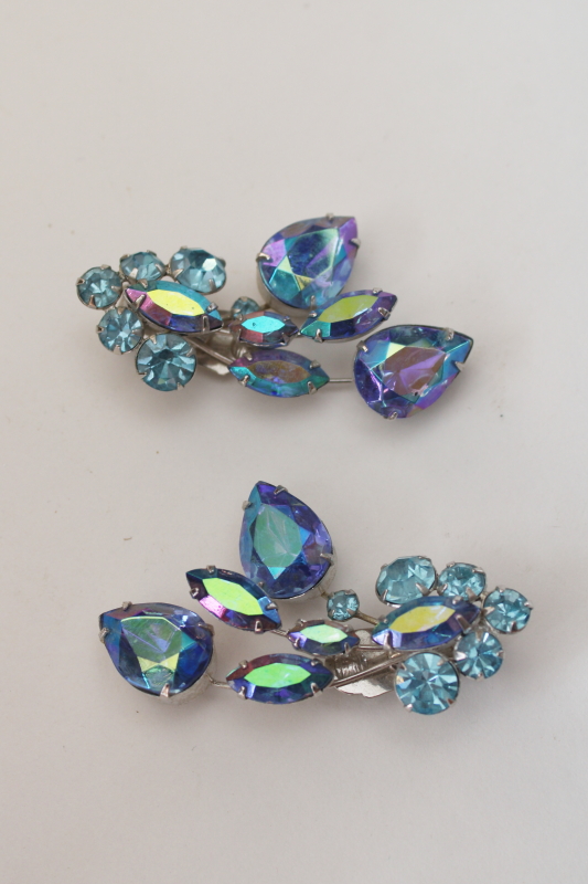 photo of vintage clip on earrings, unsigned ice blue luster rhinestones flower sprays  #1