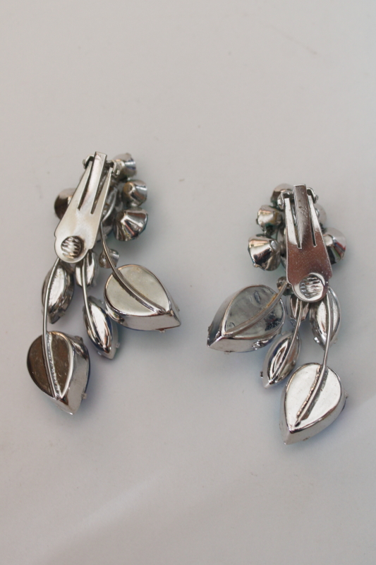 photo of vintage clip on earrings, unsigned ice blue luster rhinestones flower sprays  #2
