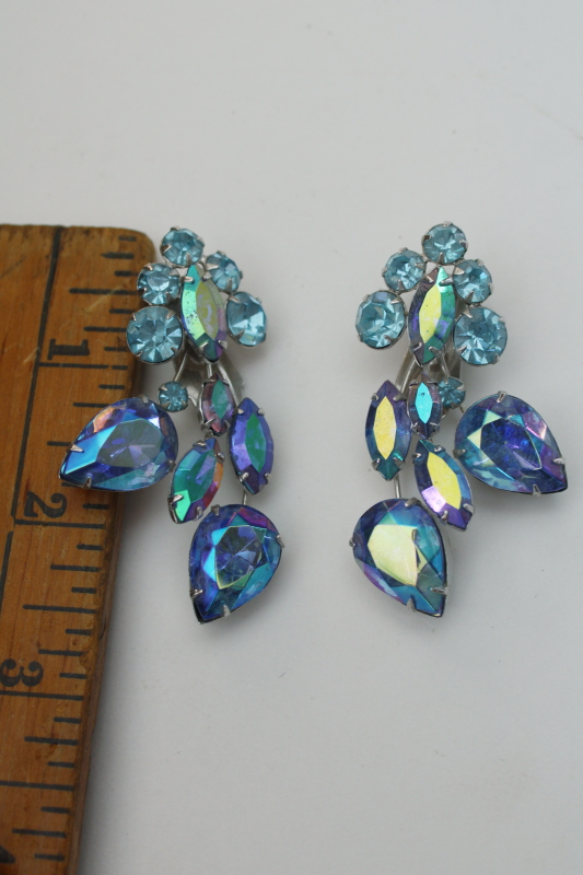 photo of vintage clip on earrings, unsigned ice blue luster rhinestones flower sprays  #3