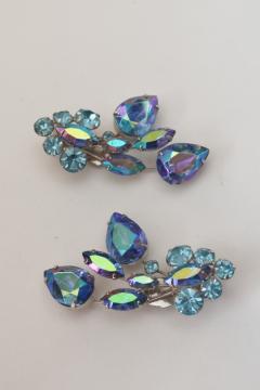vintage clip on earrings, unsigned ice blue luster rhinestones flower sprays 