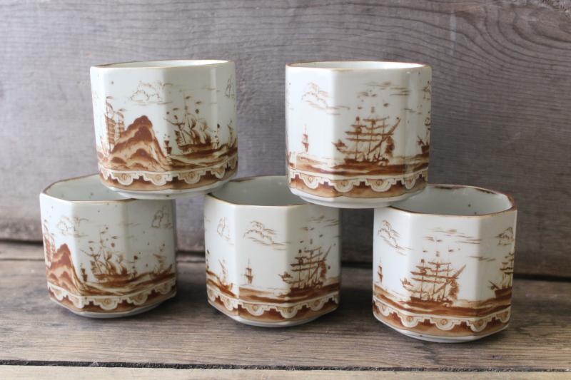 photo of vintage clipper ships brown transferware handleless tea cups, Andrea by Sadek #1