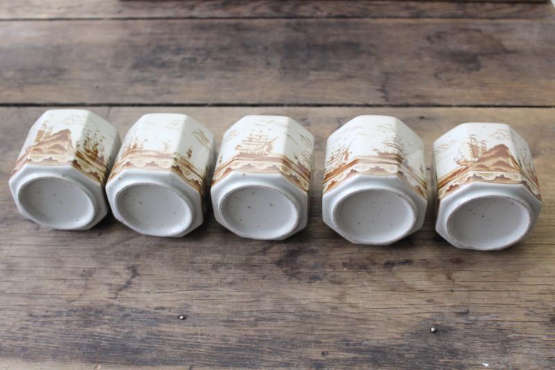 photo of vintage clipper ships brown transferware handleless tea cups, Andrea by Sadek #4