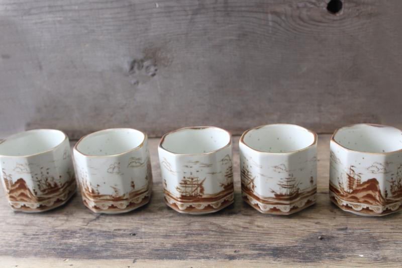 photo of vintage clipper ships brown transferware handleless tea cups, Andrea by Sadek #6