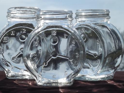 photo of vintage clock face embossed jars, old condiment bottles spice jar lot #1