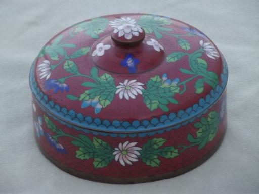 photo of vintage cloisonne enamel box, cinnabar red enameled copper powder box #1