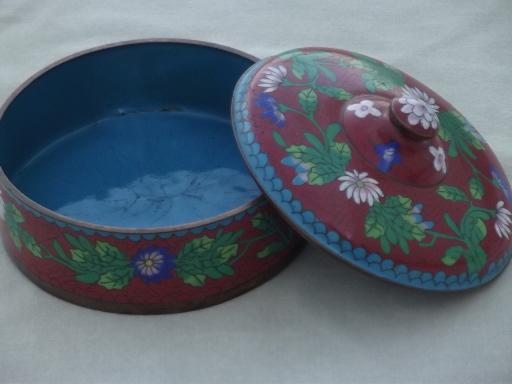 photo of vintage cloisonne enamel box, cinnabar red enameled copper powder box #2