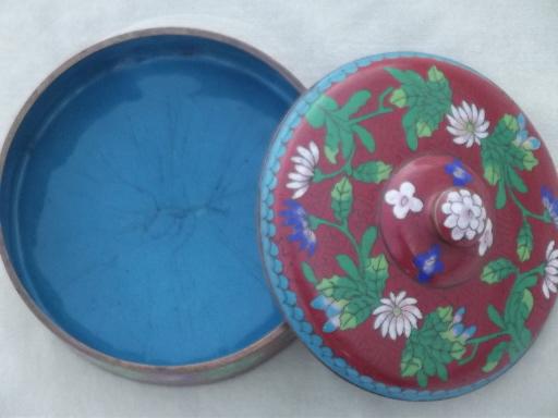 photo of vintage cloisonne enamel box, cinnabar red enameled copper powder box #3