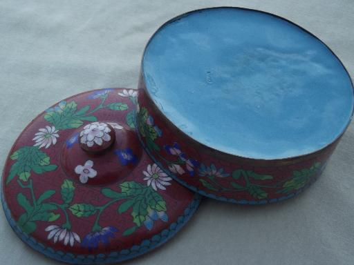 photo of vintage cloisonne enamel box, cinnabar red enameled copper powder box #4