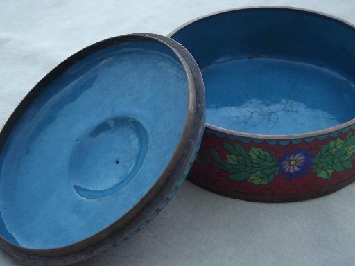 photo of vintage cloisonne enamel box, cinnabar red enameled copper powder box #5