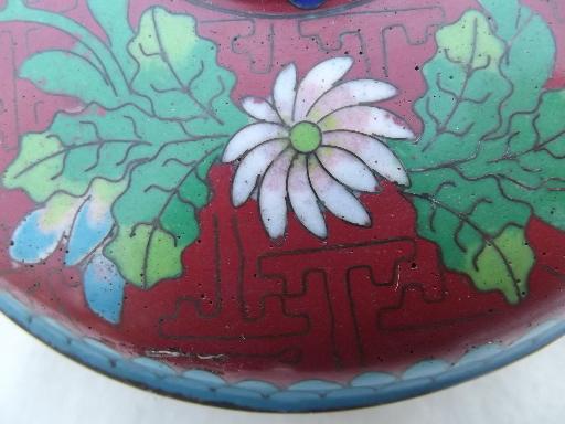 photo of vintage cloisonne enamel box, cinnabar red enameled copper powder box #6