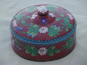 catalog photo of vintage cloisonne enamel box, cinnabar red enameled copper powder box