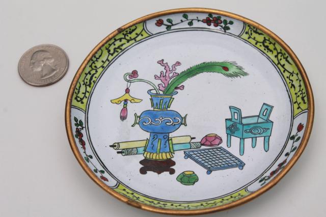 photo of vintage cloisonne enamel brass trays or ashtrays, chinoiserie enameled metal dishes #2