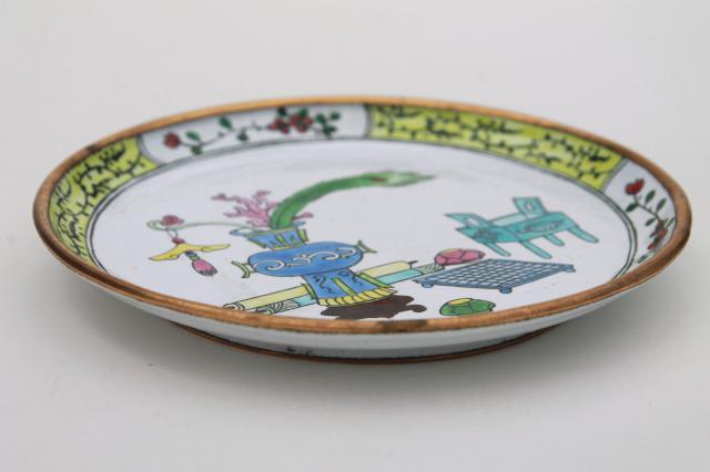 photo of vintage cloisonne enamel brass trays or ashtrays, chinoiserie enameled metal dishes #3