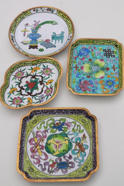 photo of vintage cloisonne enamel brass trays or ashtrays, chinoiserie enameled metal dishes #5