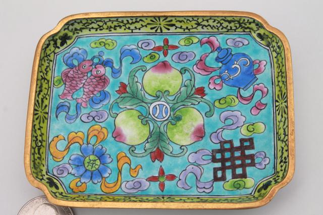 photo of vintage cloisonne enamel brass trays or ashtrays, chinoiserie enameled metal dishes #6